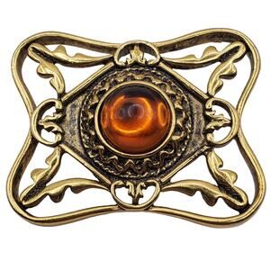 Retro Avon Faux Amber Topaz Brooch Gold Tone Bold & Classic Pin Filigree Vintage